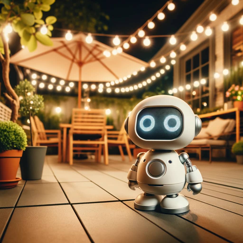 DALL·E 2024-05-17 16.37.31 - A small, cute robot with large round eyes standing on a patio at night, surrounded by string lights and plants. The background features an outdoor din
