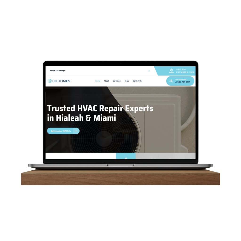 Square outdoor HVAC air conditioning unit installed beside a blue-painted house wall in Miami, Florida, surrounded by plants and sunlight.